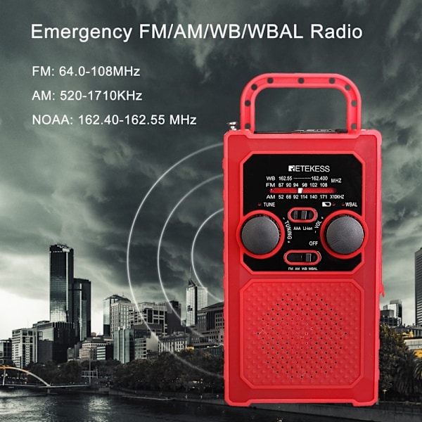 FM/AM/WB/WBAL Radio Håndsving 5000mAh solar lommelygte SOS Red