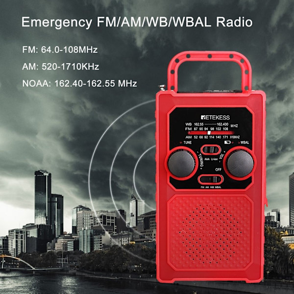 FM/AM/WB/WBAL Radio Handvev 5000mAh solar Ficklampa SOS Röd