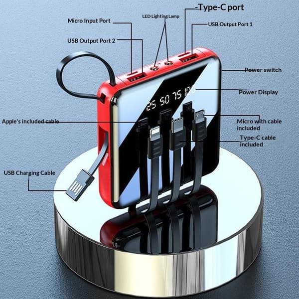 Kompakti varavirtalähde 10 000 mAh, 4-in-1-kaapeli, LED-taskulamppu, digitaalinen näyttö – punainen Red