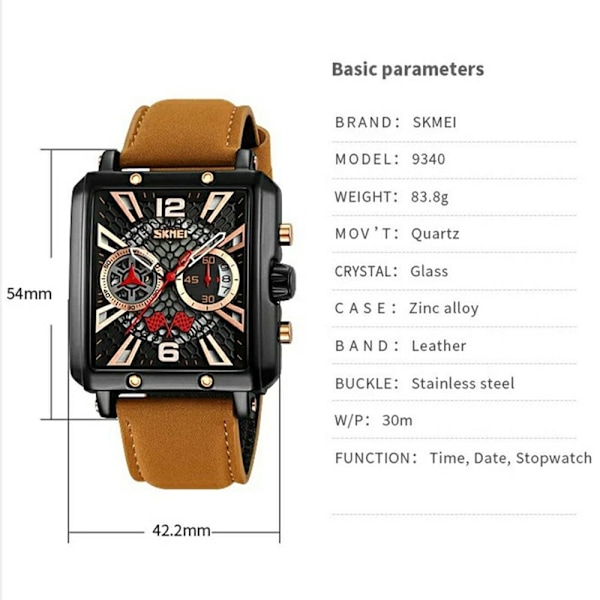 SKMEI Armbåndsur Til Mænd Læderrem Firkantet Quartz Ur - Brun+Sort Black
