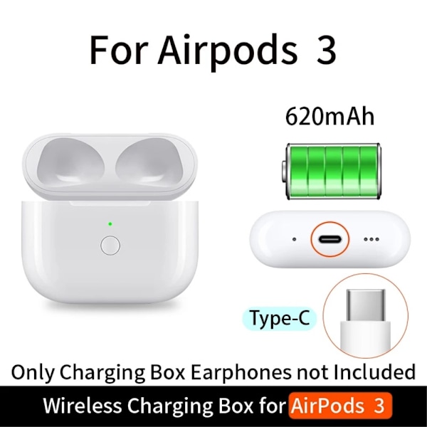 Til AirPods 3 Opladningsetui Indbygget 620mAh batteri Trådløs opladning USB-C White