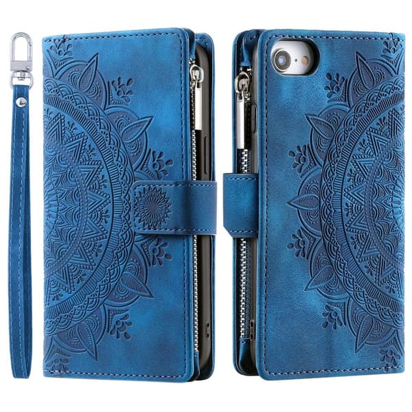 För iPhone 17e / 16e plånboksfodral Fodral Skal Mandala blommönster Blå