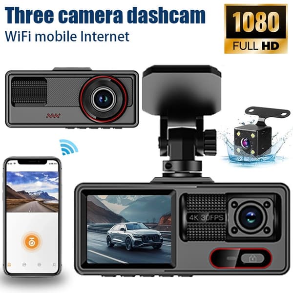 3-kanals dashcam med Wi-Fi, G-sensor, parkeringsovervågning og nattesyn Black