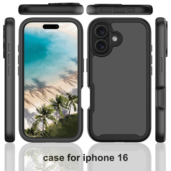 Etui Cover til iPhone 16 PC+TPU Gennemsigtigt telefoncover med PET-skærmfilm Black