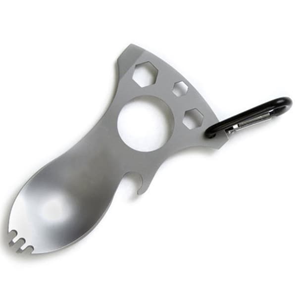 Monitoimityökalu Camping Spoon Fork Pullonavaaja Kiintoavain karbiinihaarukka Silver
