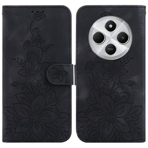 Xiaomi Redmi 14C 4G Suojakuori Lily Flower Imprint Nahkainen Puhelinsuojus Jalustalla Black
