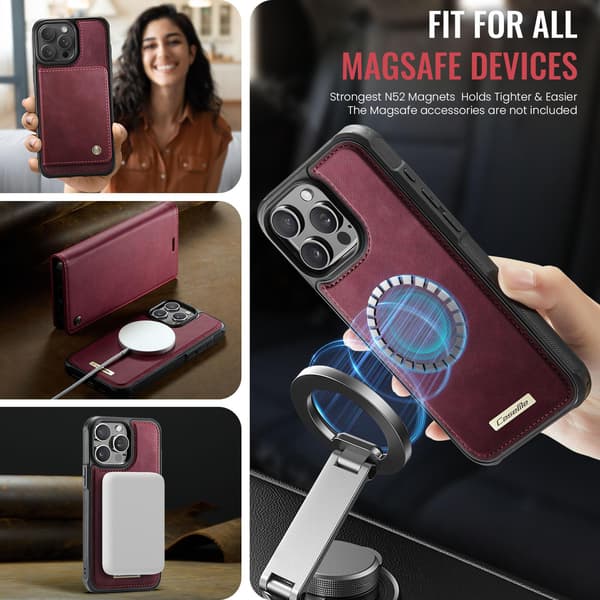 CASEME Til iPhone 15 Pro Max Pungcover Magnetisk Aftagelig RFID Beskyttelse Red