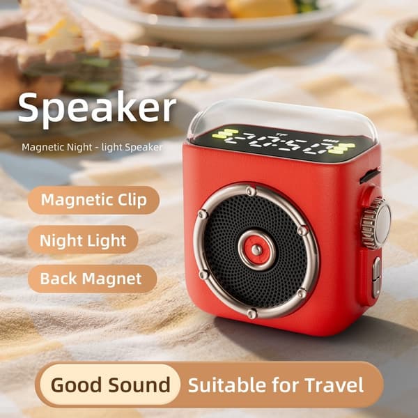 Magnetisk højttaler, natlys, ur, Bluetooth 5.3, lydenhed med bagklips Grey