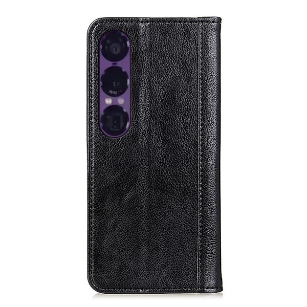 För Sony Xperia 1 VII Stativfodral Split Litchi Textur Plånboksfodral Black