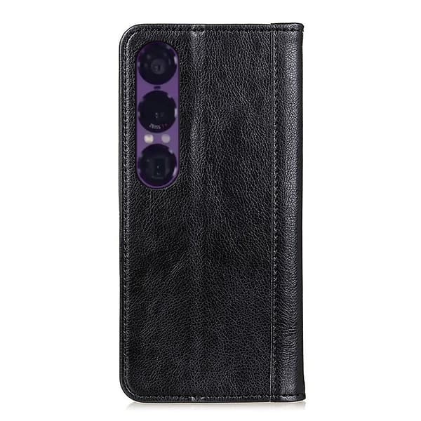 Sony Xperia 1 VII Jalusta Kotelo Split Litchi Tekstuuri Lompakkokotelo Black