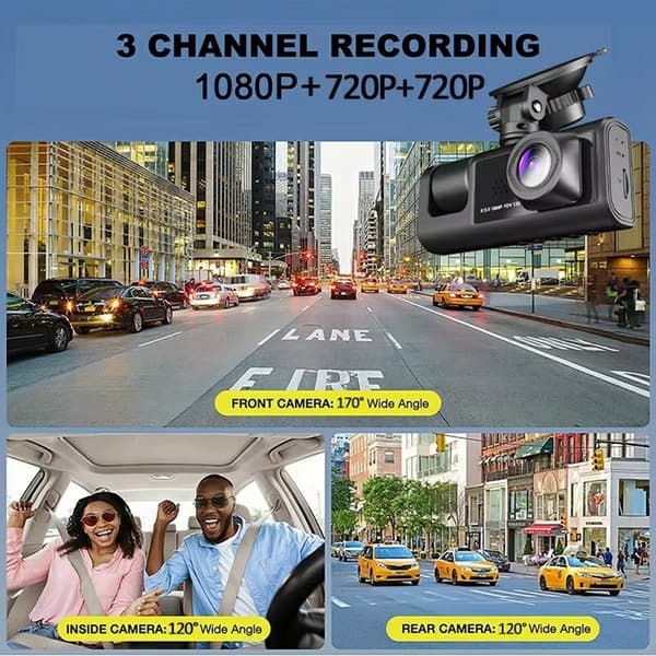 WIFI bildashkamera HD 1080P foran/innvendig/bak 3 linser bil-DVR parkeringsopptaker Black