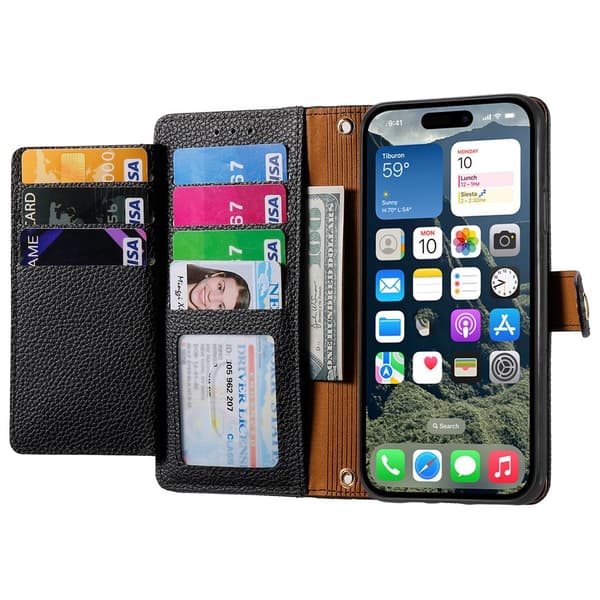 For iPhone 17 Cover RFID-blokering Lynlåslomme Tegnebogsetui med Rem - Sort Black
