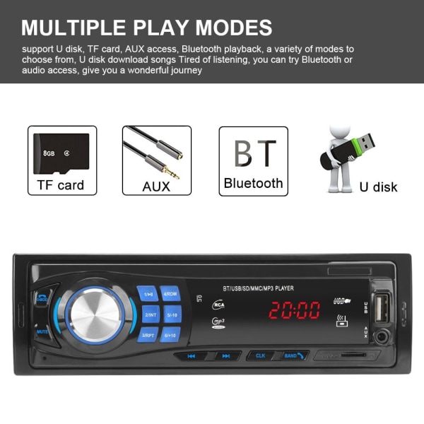 Bilstereo Bluetooth FM MP3 Aux USB TF LED Stereo Svart