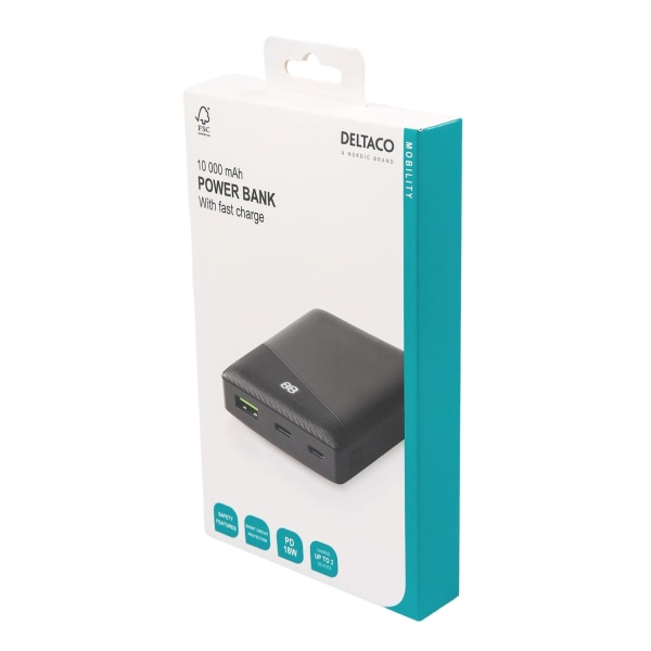 Virtapankki 10 000 mAh, 1x USB-C PD, 1x USB-A pikalataus Black