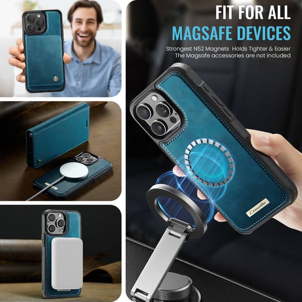 CASEME Til iPhone 15 Pro Max Lommebokdeksel Magnetisk Avtakbar RFID Beskyttelse - Coffee Blue