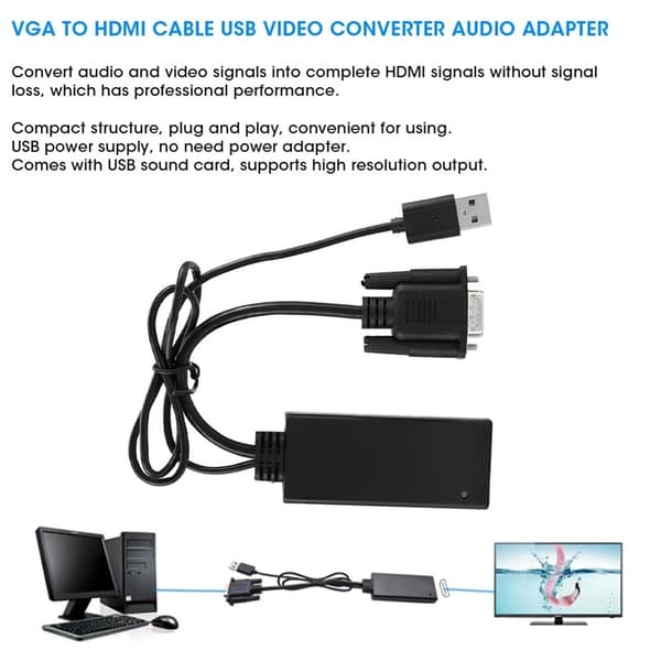 VGA + USB til HD-konverter HD-videoadapter med lyd USB-strømforsyning Black