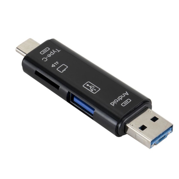 5 i 1 multifunktions Micro USB Type-C TF-kortlæser OTG-adapter Black