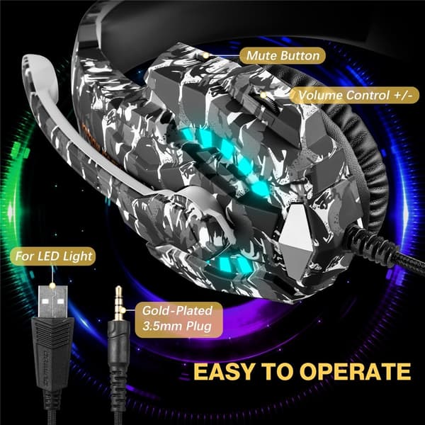 KOTION Gaming Headset LED Trådbundna hörlurar med mikrofon Kamouflage LED - Grå grå