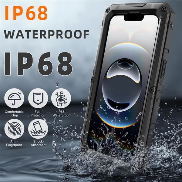 IP68 vanntett deksel til iPhone 17e / 16e metall + silikon med skjermbeskytter Black