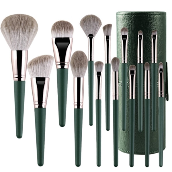 14 st Makeup Brush Set Foundation Powder Concealer Borstar Borsthållare Grön