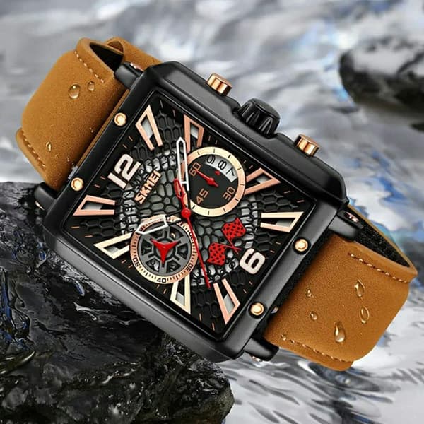 SKMEI Armbåndsur Til Mænd Læderrem Firkantet Quartz Ur - Sort+Blå Black