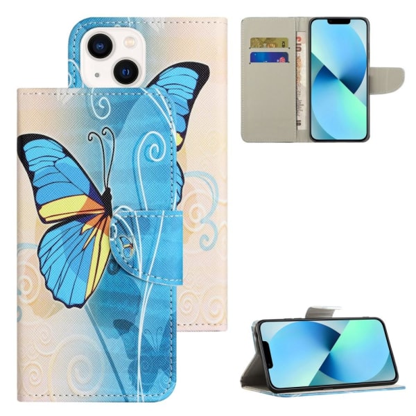 För iPhone 15 Plus Plånbok Fodral Skal Skydd - Fjäril Blå