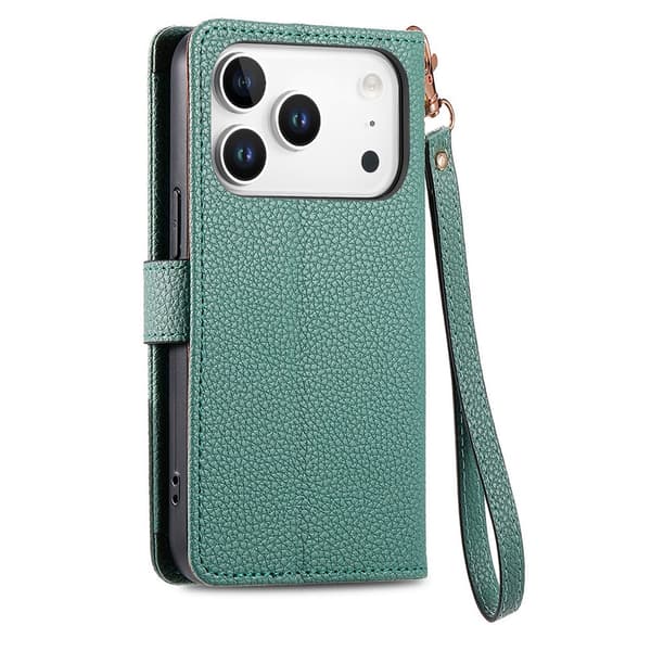 For iPhone 17 Pro Max Skal RFID-blockering Dragkedjeficka Plånboksfodral med Rem - Grön Grön