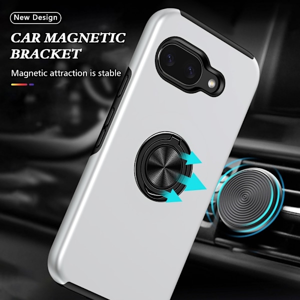 Til Google Pixel 9A Fingerring Kickstand Hybrid Taske Silver