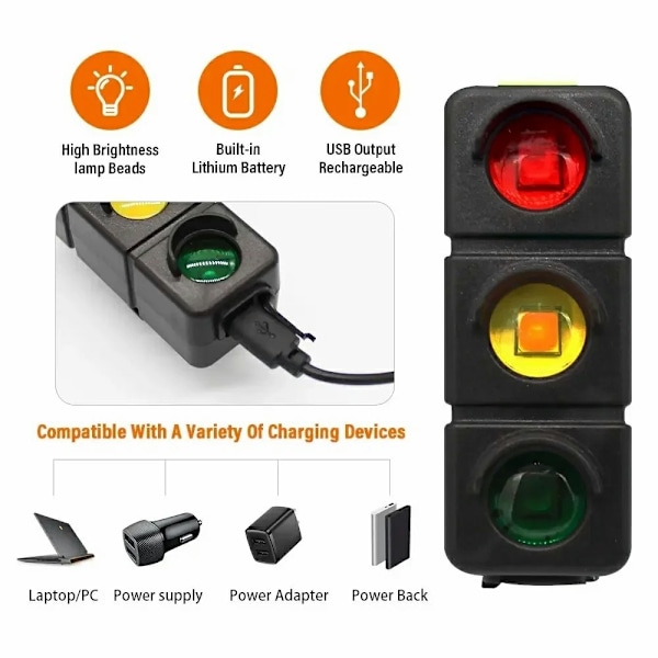 Baklys Sykkellys Oppladbart Varsellys 3 farger LED vanntett Black