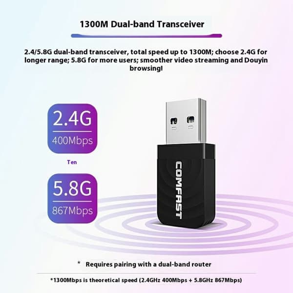 COMFAST Dual Band Gigabit WiFi -sovitin 1300 Mbps USB 3.0 langaton verkkokortti Black