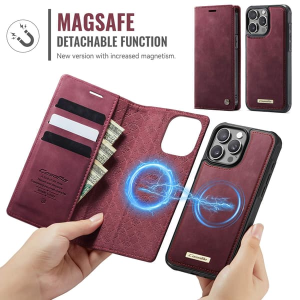 CASEME Til iPhone 15 Pro Max Pungcover Magnetisk Aftagelig RFID Beskyttelse Red