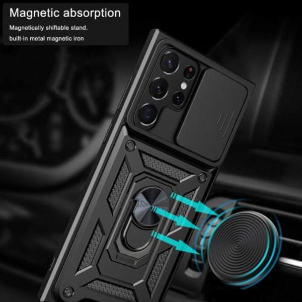 Samsung Galaxy S23 Ultra Stødsikker TPU+PC Kickstand Telefontaske Bilmontering Metalplade - Sort Black