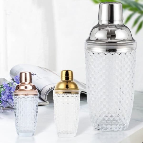 385 ml Cocktail Shaker vævet tekstur glas + låg i rustfri stål kop Transparent