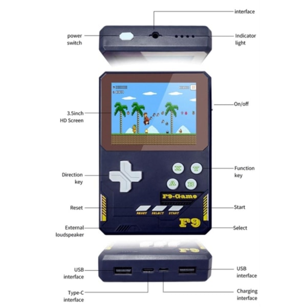 Handhållen spelkonsol 3,5" LCD-skärm Retro videospel 2 spelare Blå