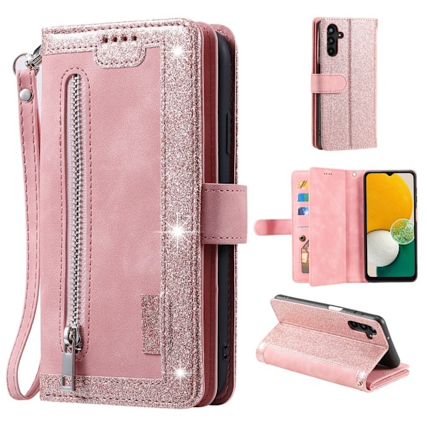 Etui til Samsung Galaxy S24 FE med glidelåslomme, PU-lær, 9 kortlommer Pink gold