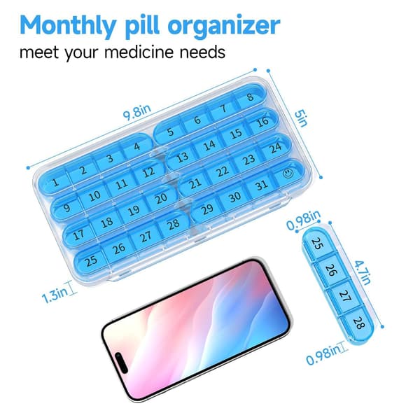 Pill Organizer 32 Compartments Monthly Medicine Box Tablets Pill Box Black