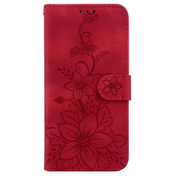 Xiaomi Redmi 14C 4G Suojakuori Lily Flower Imprint Nahkainen Puhelinsuojus Jalustalla Red