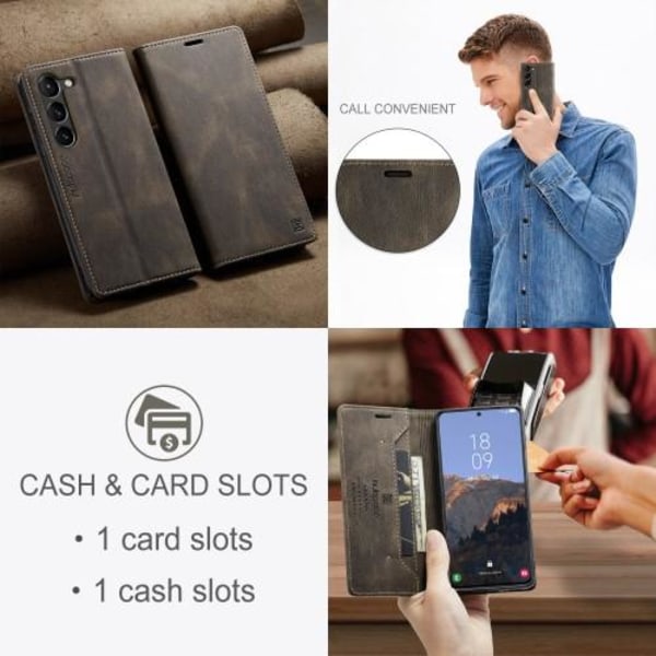 AUTSPACE A01 Retro tegnebog taske til Samsung Galaxy S23+ (Plus) - Kaffe Brown