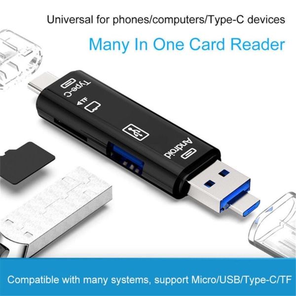 Minneskortläsare 5 i 1 Micro USB USB-C TF-kortläsare OTG-adapter Svart