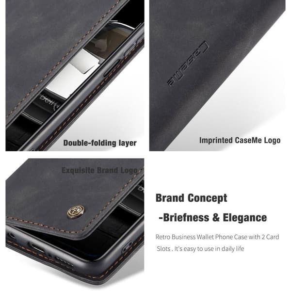 CASEME Retro lompakkokotelo Xiaomi Redmi Note 9 Prolle Black