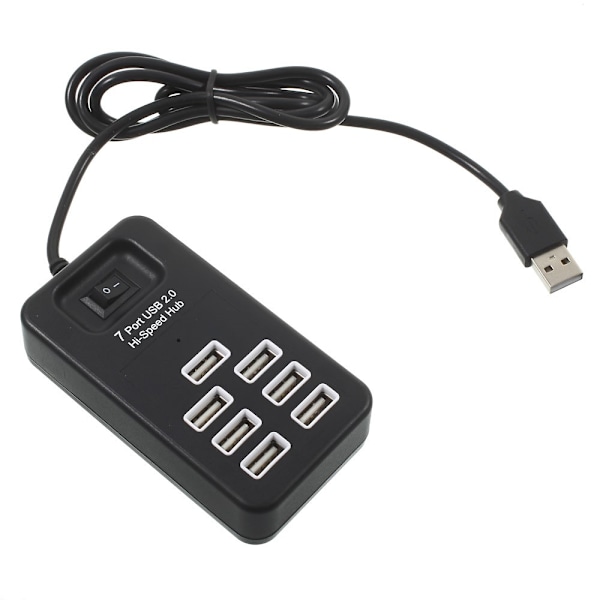 Kannettava 7-porttinen USB 2.0 keskitin 1m kaapelilla ja virtakytkimellä - musta Black