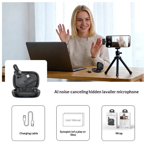 Myggmikrofon, USB-C-kontakt, AI-støyreduksjon, 2 mikrofoner + 1 mottaker Black