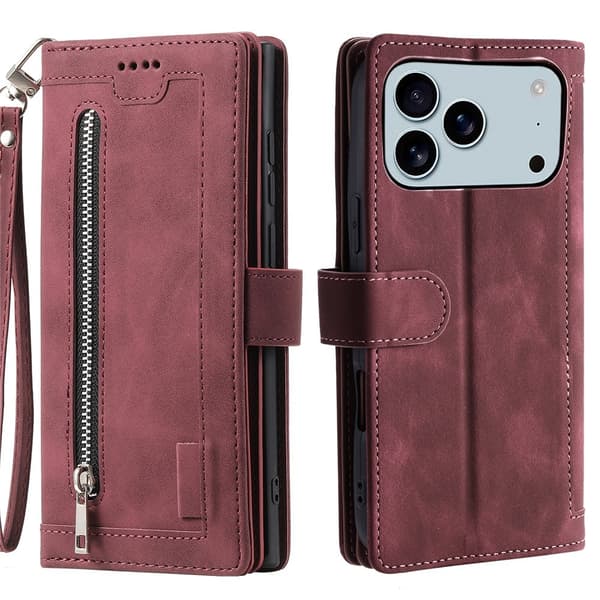 Til iPhone 17 Pro Max Etui med Lynlåslomme og 9 Kortlommer Red