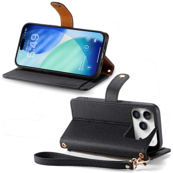 For iPhone 17 Pro Max Deksel RFID-blokkering Glidelåslomme Lommebokdeksel med Stropp Black