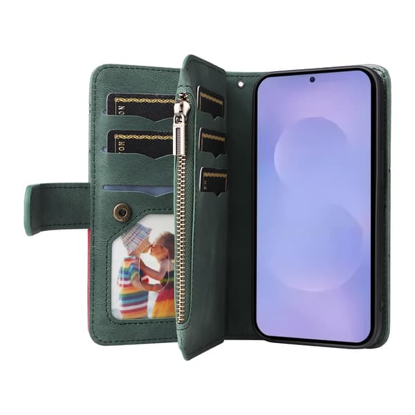 Til Samsung Galaxy S26 Pungcover med Lynlås og Håndledsrem Stander Green