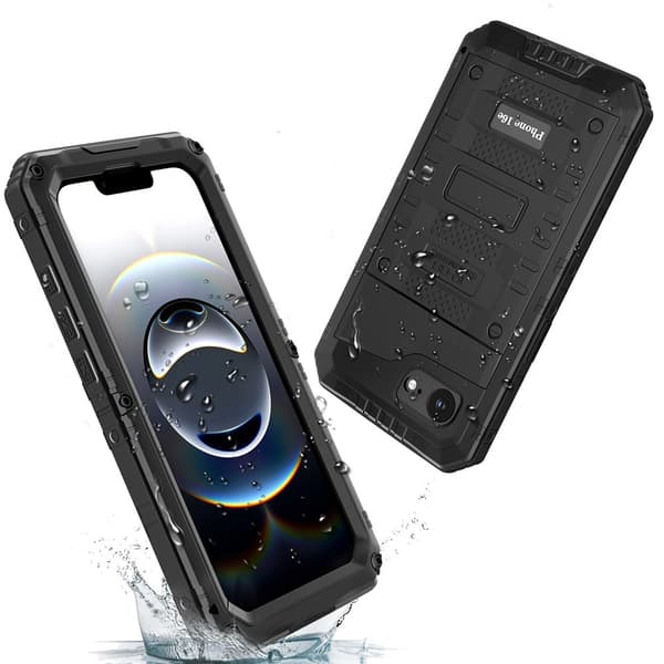 IP68-vedenpitävä metalli- ja silikonikuori iPhone 17e / 16e:lle näytönsuojalla Black