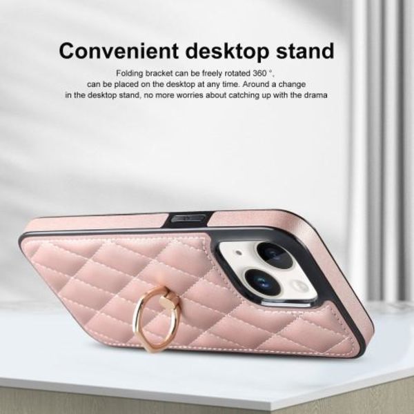 iPhone 14 Rhombus Grid Mönster Skal FingerRing - Rose Gold Rosa guld