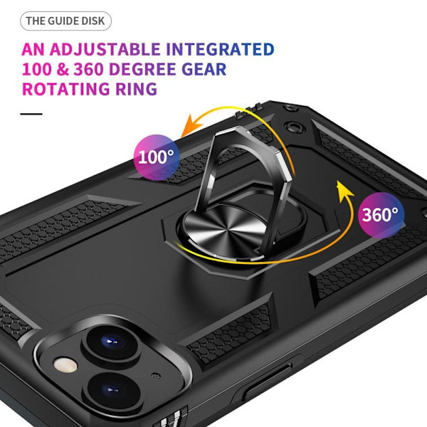 iPhone 14 Iskunkestävä TPU+PC Kickstand Puhelinkotelo Autoon kiinnitettävä metallilevy - musta Black