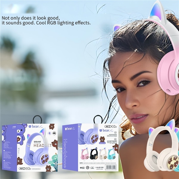 Trådløse On-Ear Hovedtelefoner Glødende Katteøre Bluetooth Gaming Headset - Blå Blue