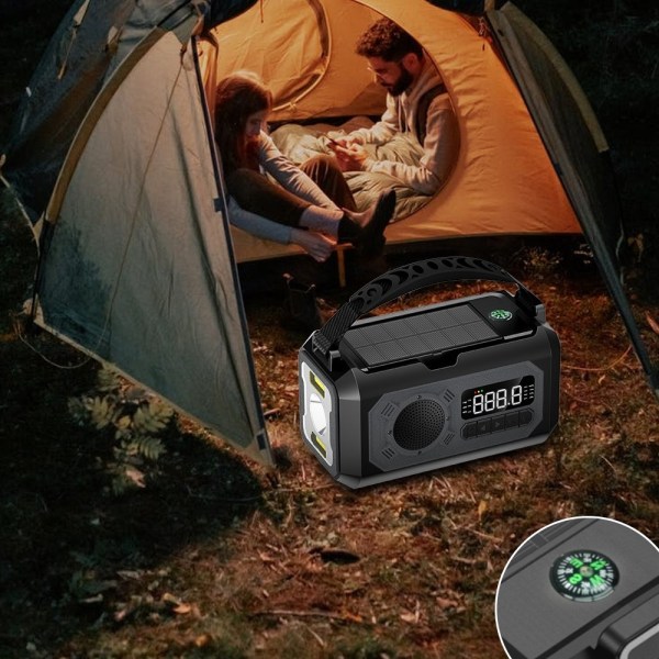 handvev Radio 12000mAh Power Bank Batteri ficklampa Sol laddning Svart